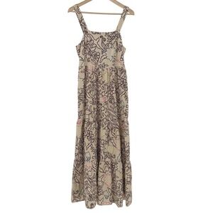 Knox Rose Floral Outline Maxi Dress Beige Brown Tiered Sz M Boho Preppy Festival